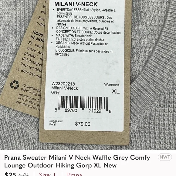 Prana Sweater Milani V Neck Waffle Grey Comfy Lounge Outdoor Hiking Gorp XL New - Picture 10 of 12